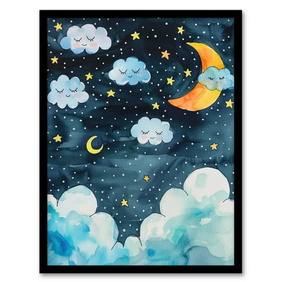Artery8 Cute Night Sky Stars Moon and Sleeping Clouds Kids Bedroom Nursery Art Print Framed Poster Wall Decor 12x16 inch