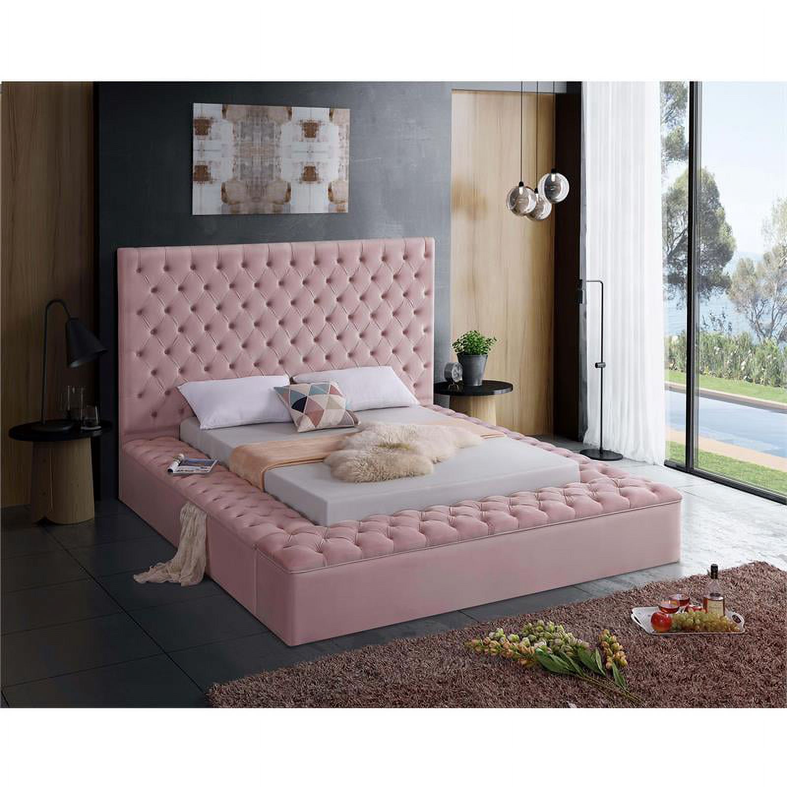 Meridian Furniture Bliss Solid Wood Tufted Velvet King Bed in Pink - image 3 of 6