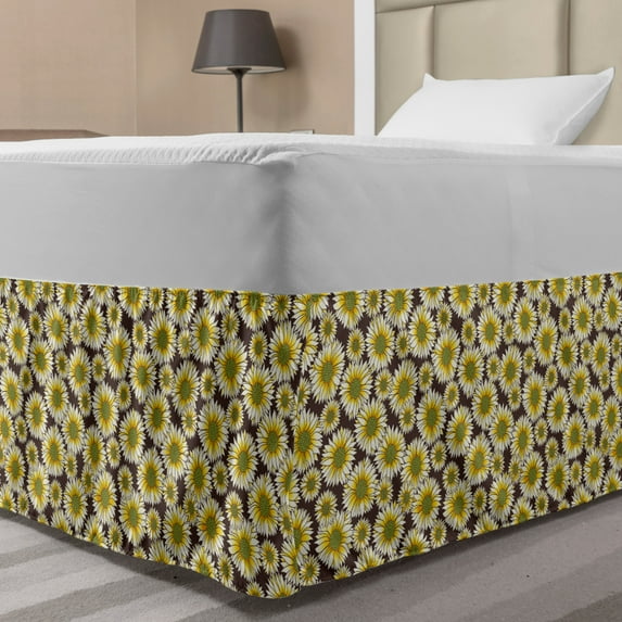 Flowers Bed Skirt, Love Me Not Daisy Flora Bouquet Forest Corsage Romantic Valentines, Elastic Bedskirt Dust Ruffle Wrap Around for Bedding Decor, 4 Sizes, Lime Green Mustard Brown, by Ambesonne