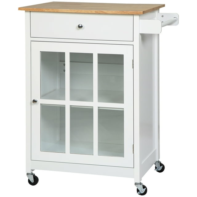 HOMCOM Chariot de Cuisine Roulant avec Tiroir, Armoire à Porte en Verre et Porte-Serviettes
