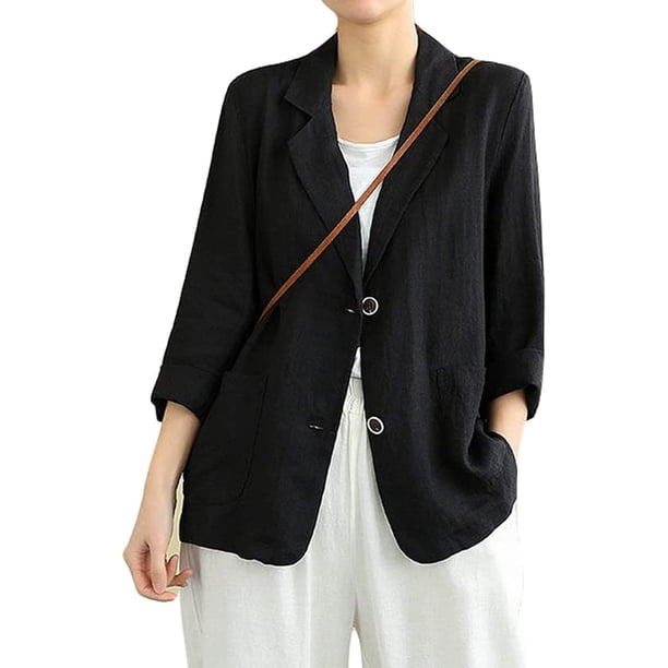 Blazer de lino de algodón para mujer, manga larga, holgado, casual, chamarra Negro - G Negro - G Xishao ropa