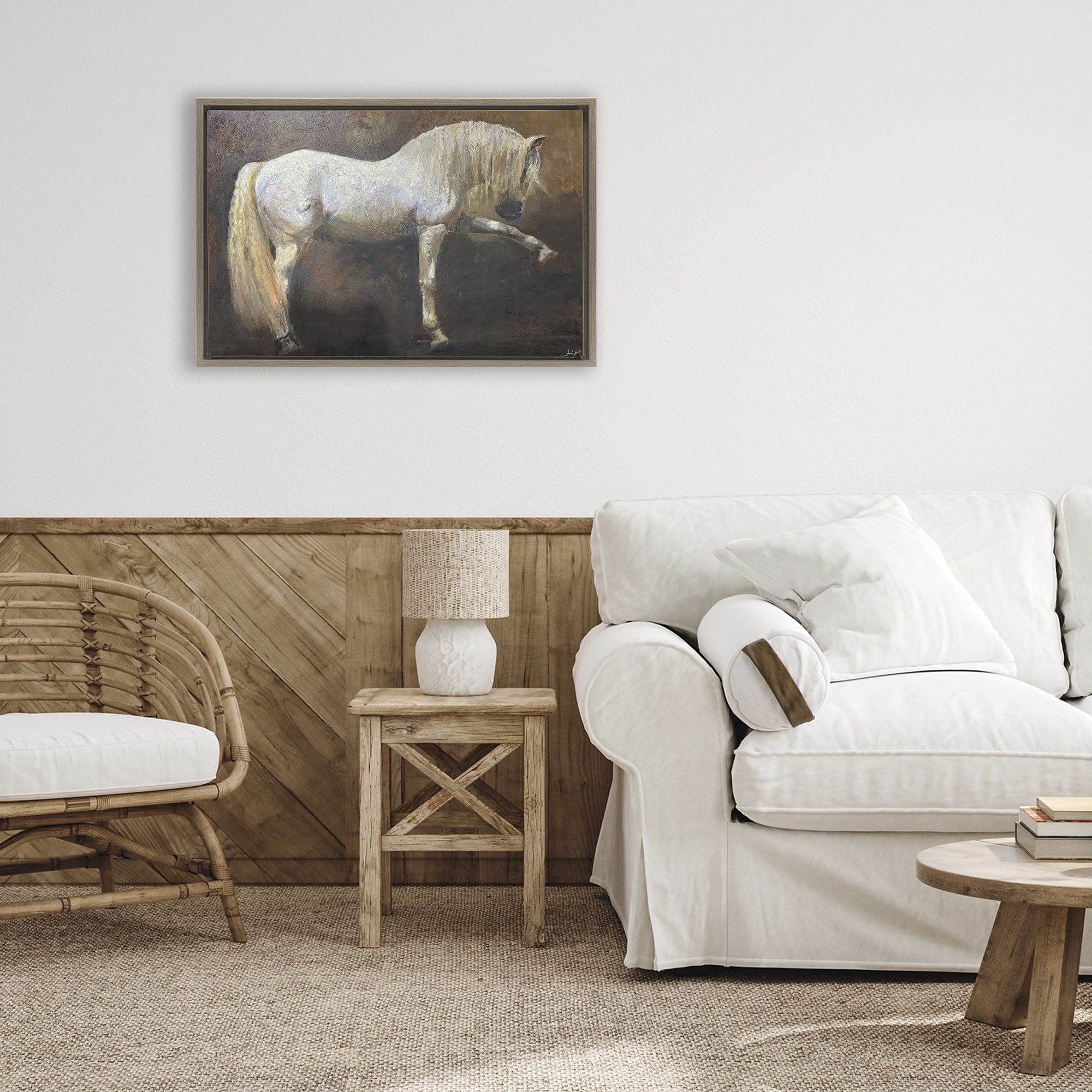 Stupell Industries Elegant White Stallion in Motion Brown Framed Floater Canvas Wall Art, design by Hilary McCarthy