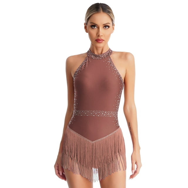 iiniim Robe de Danse à Franges pour Femme, Col Licou, Latin, Ballroom, Rumba, Salsa, Costume de Danse, Rose Poudré, TG