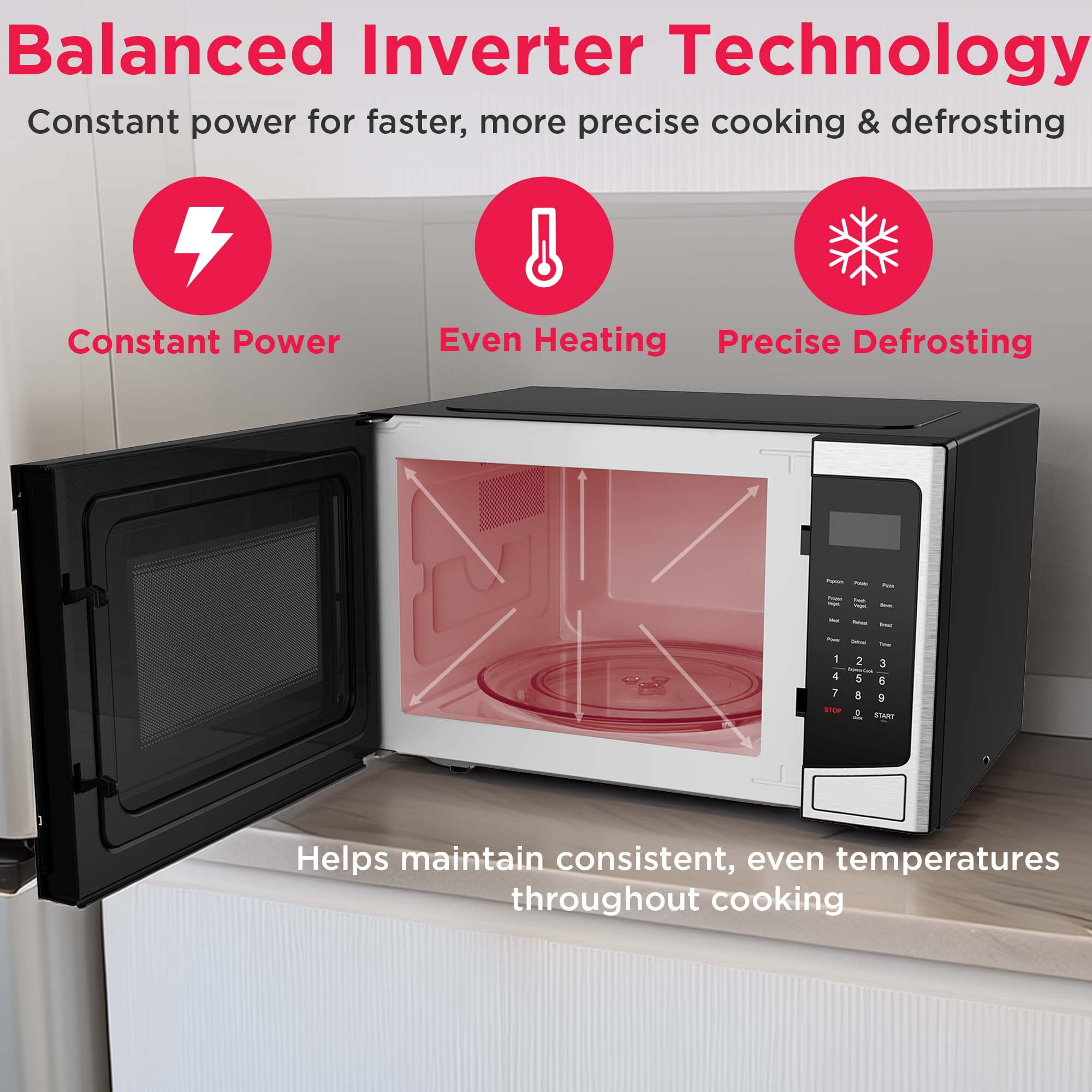 Frigidaire 1.2 Cu. ft. Countertop Microwave, 1000 Watt Microwave with Inverter Technology, 10 Power Levels,  Stainless Steel