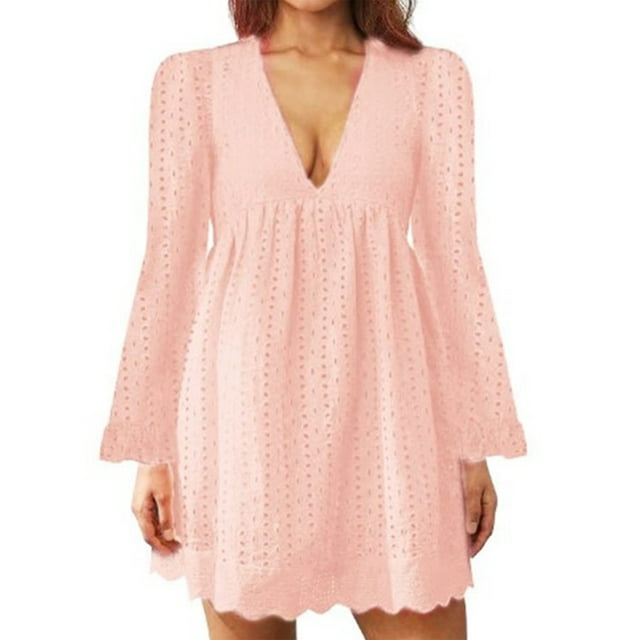 MAWCLOS Ladies Loose Hollow Out Mini Dresses Party Flared Sleeves Short Dress Pink 2XL
