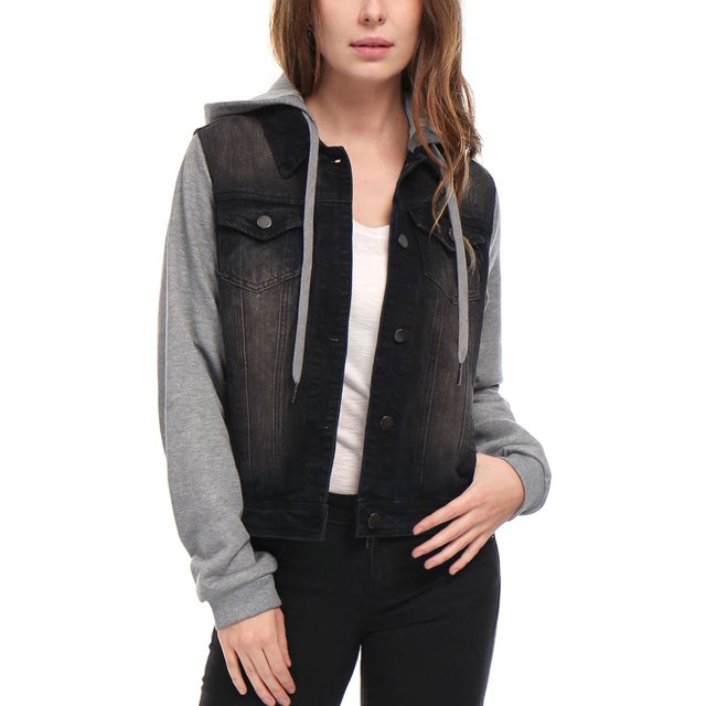 INSPIRE CHIC Women's Washed Denim Jacket Contrast Sleeve Drawstring Hood Button Down Outerwear S Black