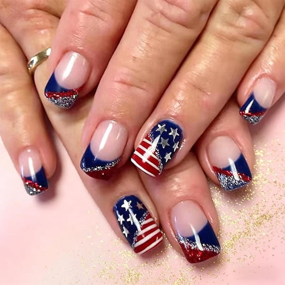 24Pcs Medium Square 4th of July Press On Nails, Distressed American Flag Star Stripe Patriotic Red White Blue Fake Nails, Reusable Nail Tips for Independence Day Party Daily Manicure Decor