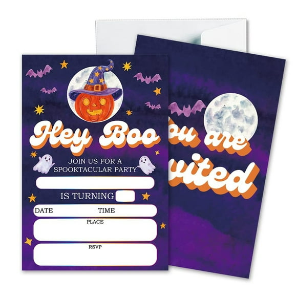 Spooktacular Fill-in Invitations Set - 25 Fun Cards with Envelopes Featuring Pumpkins, Ghosts, and Monsters for Kids Birthday or Adult Halloween Parties 4"X6"