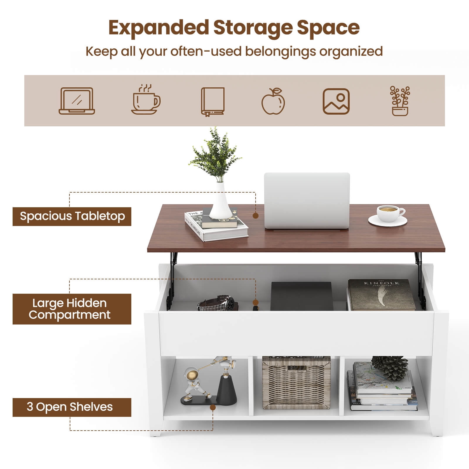 Costway Lift Top Coffee Table w/ Hidden Compartment and Storage Shelves Modern Furniture White