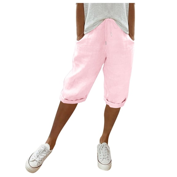 Crop Pants For Women Casual 2024 Summer Elastic High Waist Linen Pants Comfy Flowy Wide Leg Pants Trousers Elastic Waisted Capri Pants With Pockets Petite Summer Beachwear Floral Pants For Women