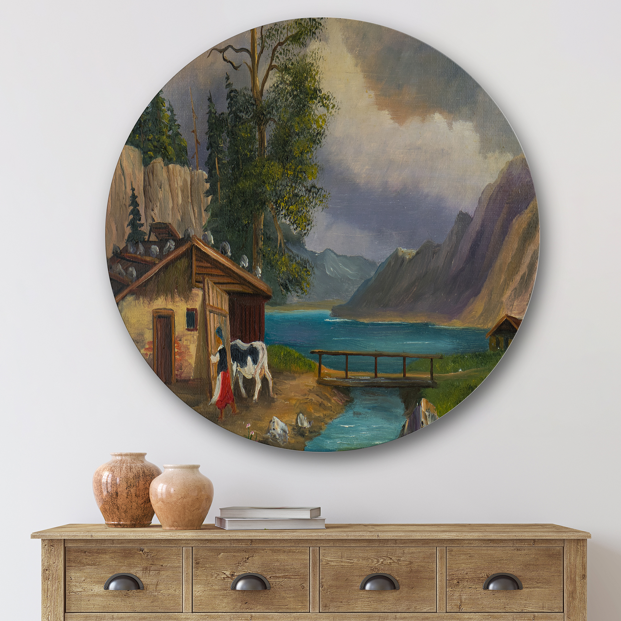 Designart 'Girl Brings The Cow Into The Stable At A Lake' Farmhouse Circle Metal Wall Art 29x29 - Disc of 29