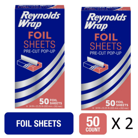 Reynolds Wrap Pre-Cut Aluminum Foil Sheets, 14x10.25 Inches, 50 Sheets - Pack of 2