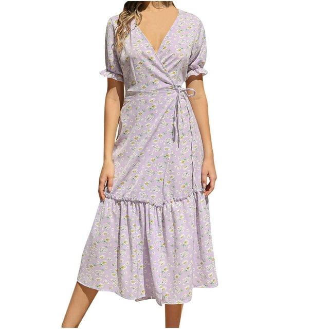 Chaussures Habillées pour Femmes Mode Décontractée Col en V Chiffon Floral Boho Plage Manches Courtes Robe Manches Courtes Robe Boho Plage Robe Courte Boho Sandales Mode pour Femmes