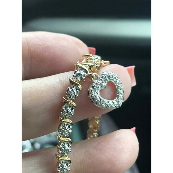 Diastar Jewels Women's 14K Yellow Gold Finish Round Cut Cubic Zirconia Heart Locket Tennis Bracelet