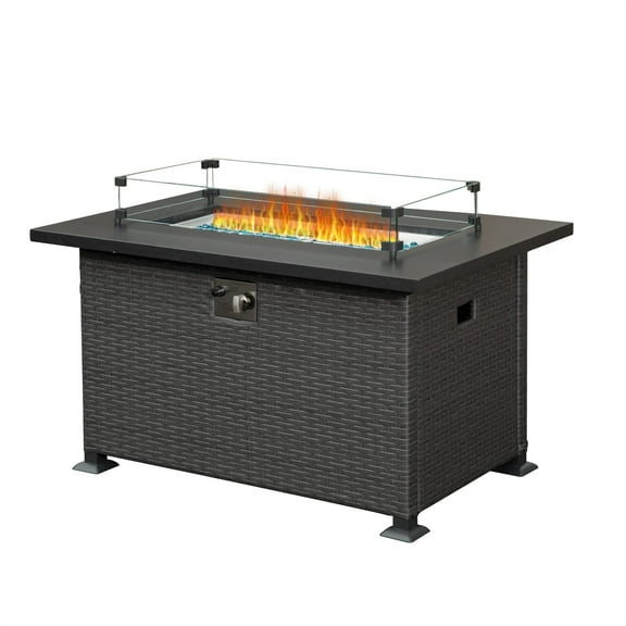 43 inch Gas Fire Pit Table, SYNGAR 2-in-1 50,000 BTU Propane Gas Fire Pit Table, Outdoor Table with Fire Pit, Propane Fire Pit with Glass Wind Guard, Volcanic Stones and Lid, for Patio, Yard, Garden