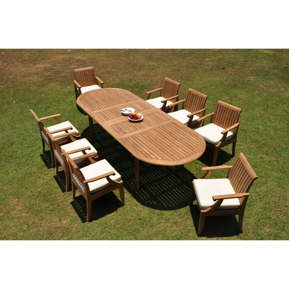 Grade-A Teak Dining Set: 8 Seater 9 Pc: 118" Double Extension Oval Table And 8 Lagos Arm Chairs Outdoor Patio WholesaleTeak #WMLGs