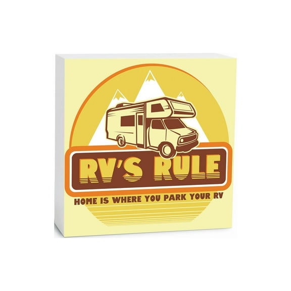 RV's Rule Home Yellow RV Mountains 5 x 5 Wood Tabletop Sign Plaque