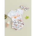 thumbnail image 3 of Wassery 3PCS Baby Girl Outfits Set Short Sleeve Letters Pumpkin Print Romper +Drinks Print Shorts+ Headband Set 3 6 12 18 Months Infant Halloween Clothes, 3 of 8