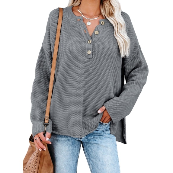 HOTAPEI Womens Waffle Knit Sweater Casual Crew Neck Long Sleeve Pullover Sweaters for Women Side Slit Henley Knit Tops