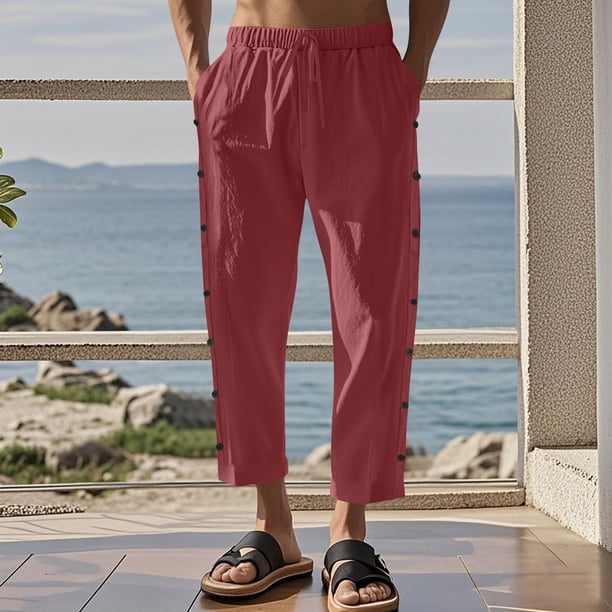 Pantalones largos para hombre, informales, de vacaciones, con bolsillo, cordón, color liso, cintura elástica, pantalones cortos para hombre