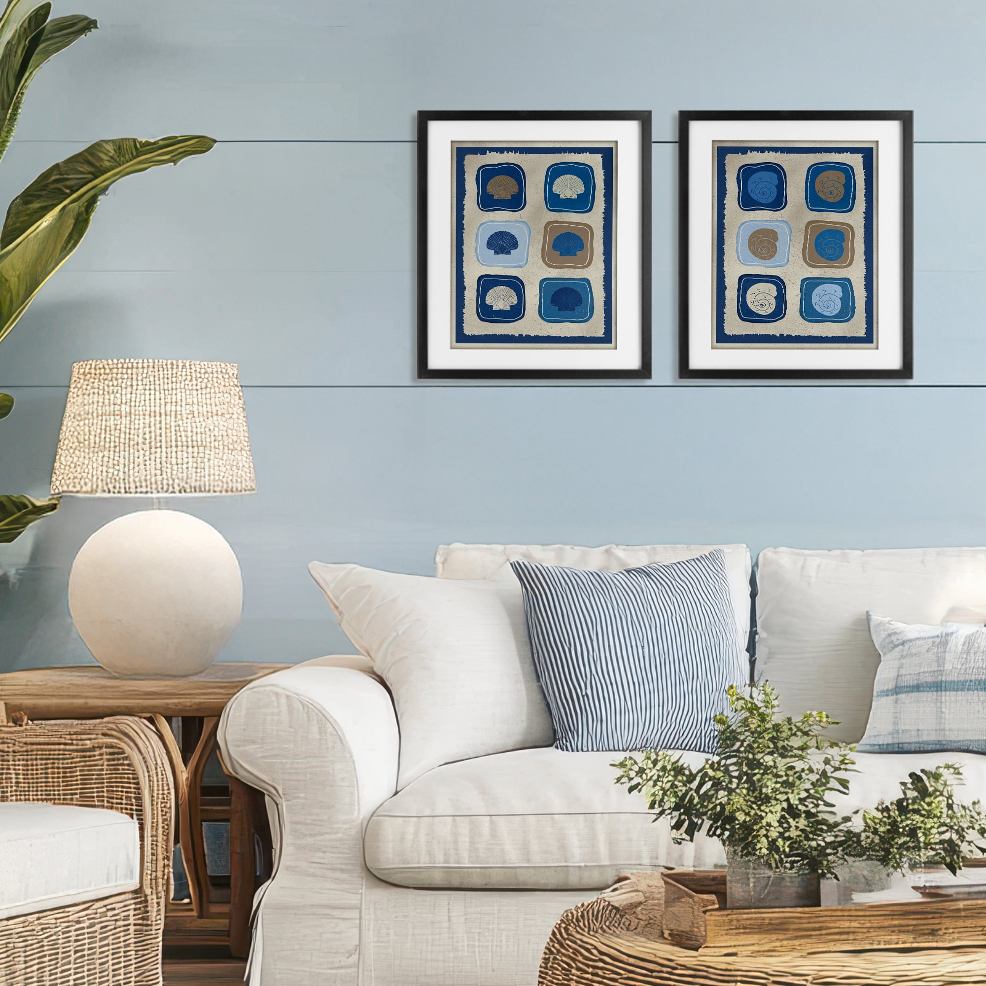 Stupell Industries Blue Blocked Seashells 2 Piece Black Framed Print Under Glass Set, design by Julia Frost