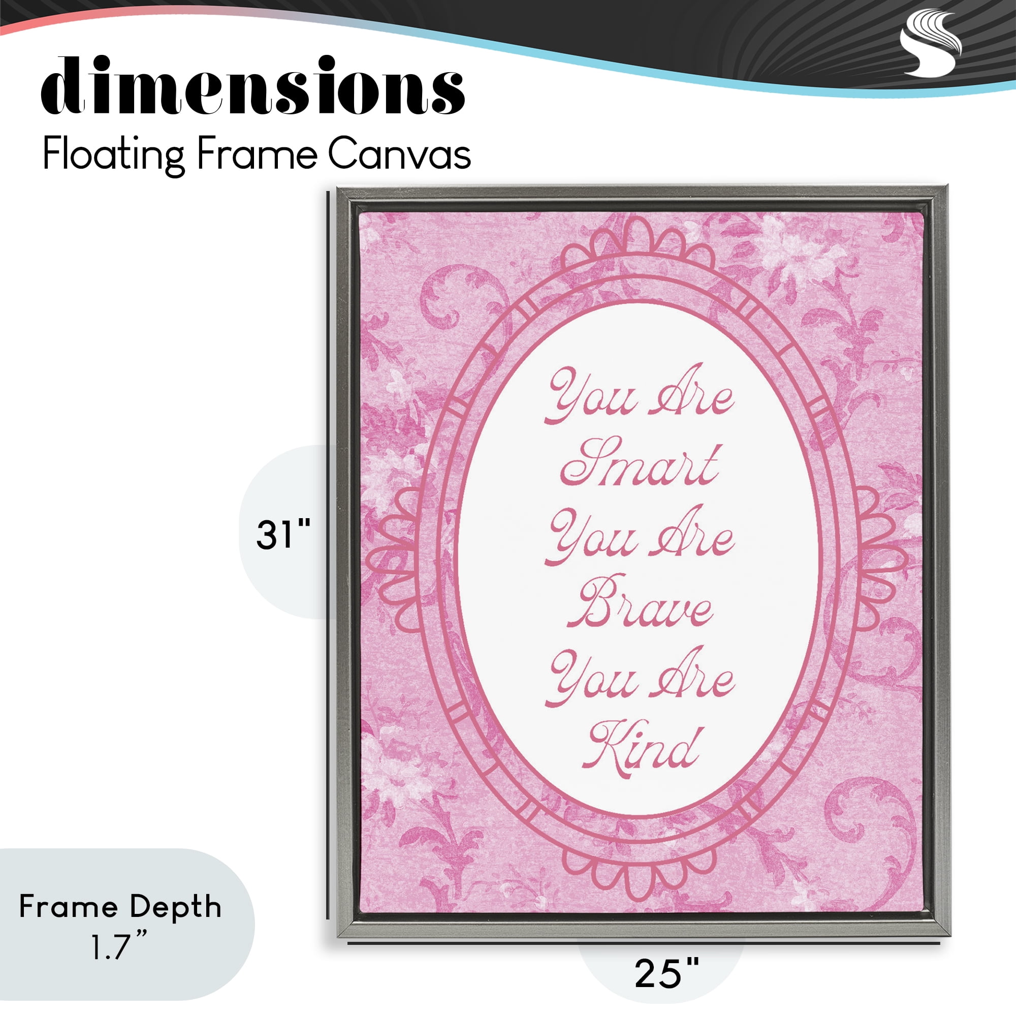 Stupell Industries Smart Brave & Kind Ornate Pink Gray Framed Floater Canvas Wall Art, design by Lil' Rue