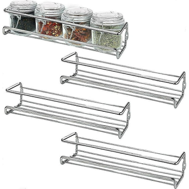 Set of 4 Wall Mounted Spice Racks Chrome Finish - Spice and Herb Holders for Kitchen Walls and Cabinets on 1 Floor - Wall Mounted Kitchen Spice Rack