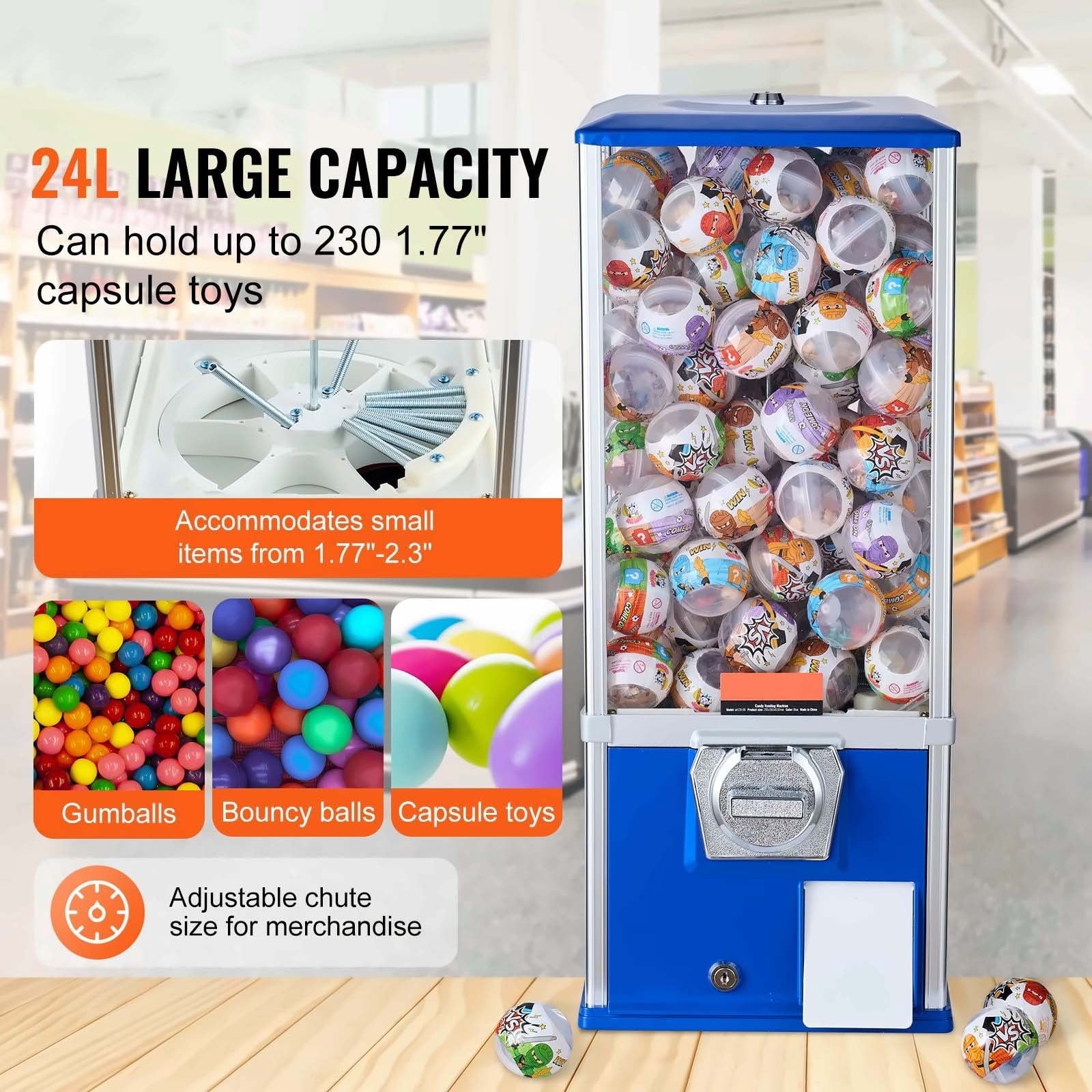 Gumball Machine 25" Vending Dispenser, Blue PS Capsule Toy Bank, 230 Count, Coin Operated, Durable Bouncy Ball Machine for Home & Business