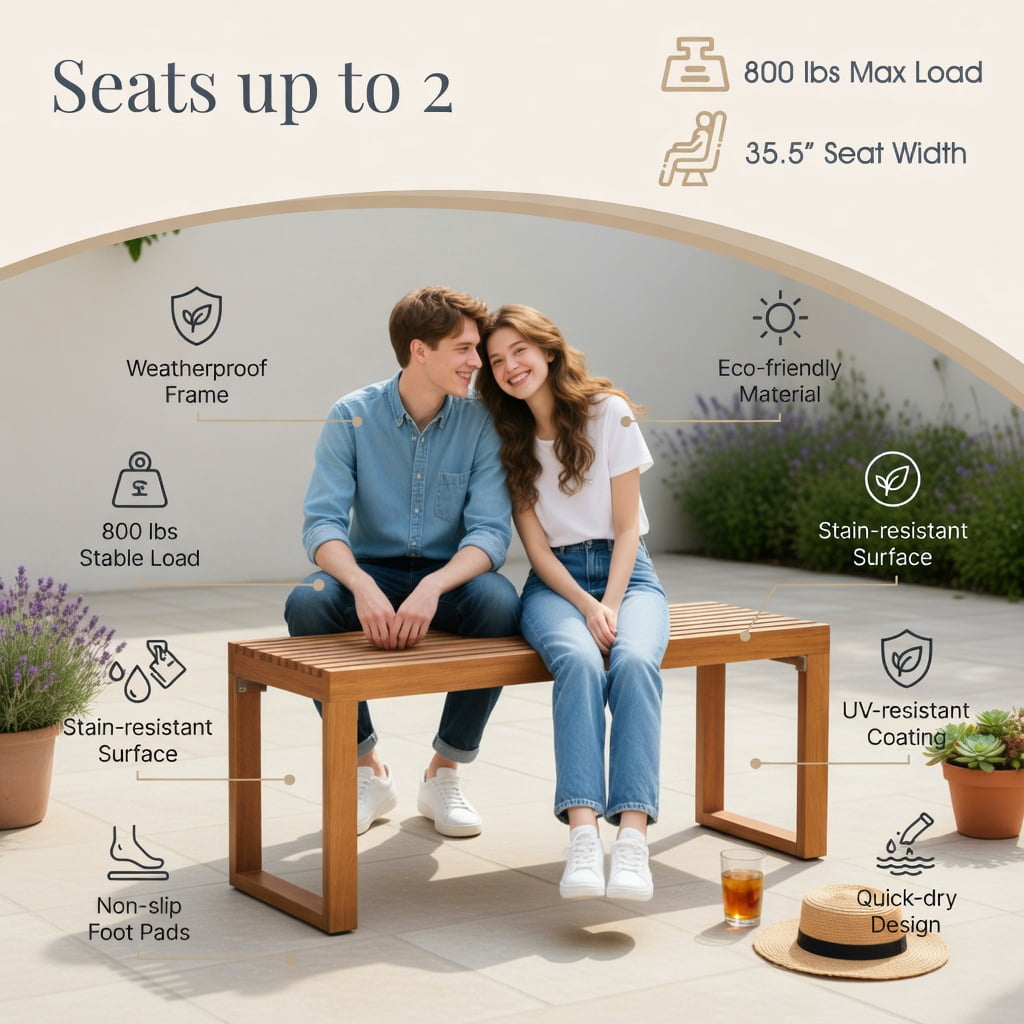 Hommoo 36" Acacia Wood Outdoor Patio Bench, Teak Finish Slatted Loveseat for Backyard, Poolside & Porch, Natural