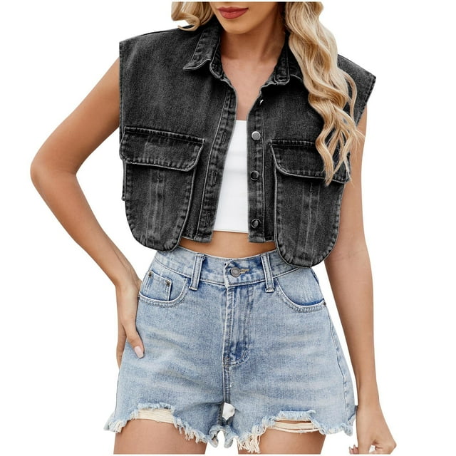 Veste en Denim Sans Manches pour Femmes, Printemps 2025, Couleur Unie, Boutonnée, Double Poche, avec Col Rabattu, pour Style de Rue et Tenues Décontractées