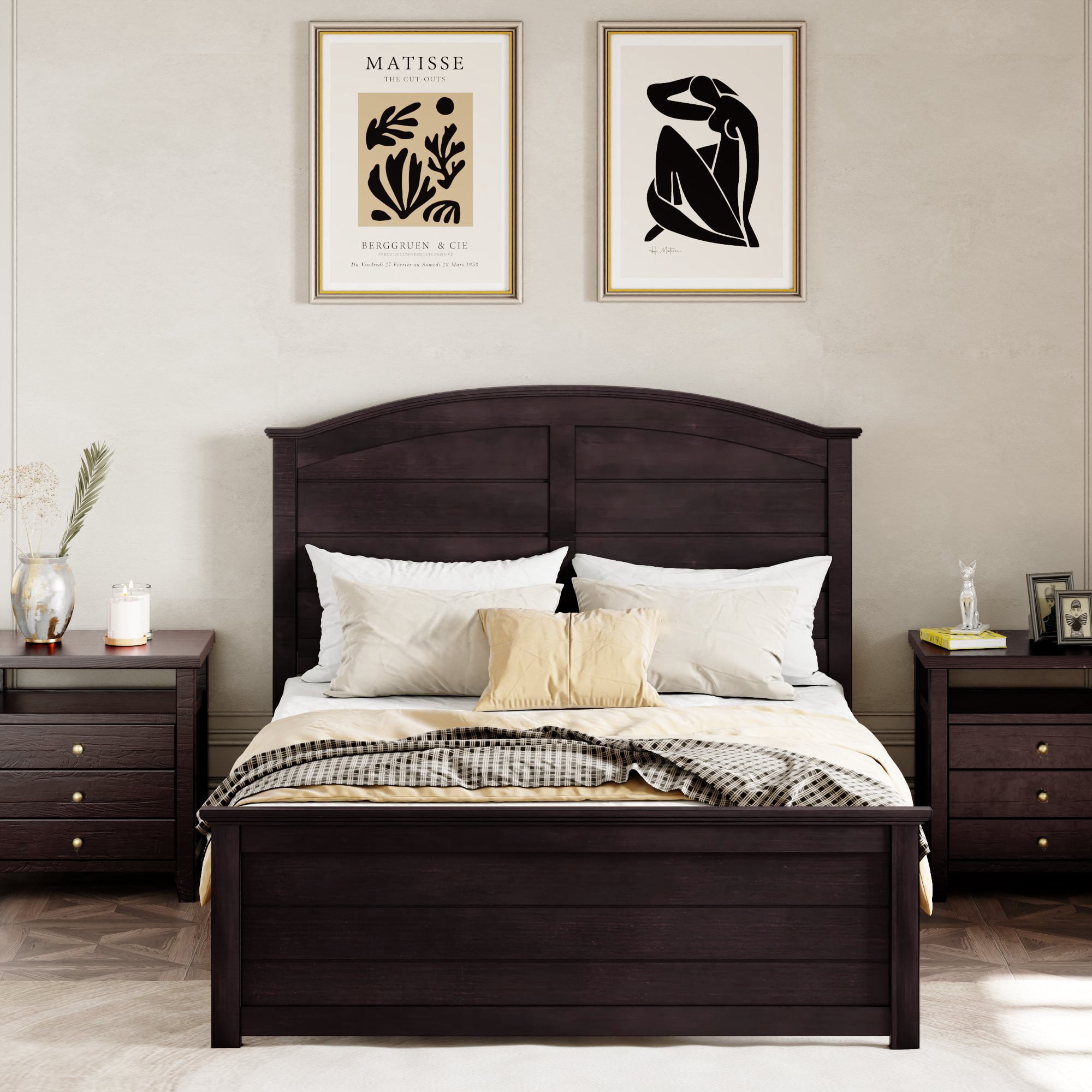 Miniyam Queen Size Farmhouse Wooden Platform Bed with High Headboard and Footboard, Espresso