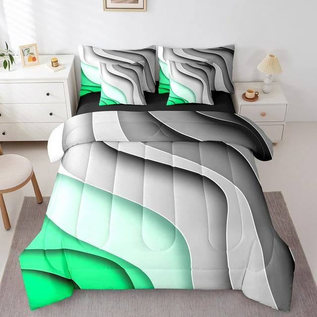 YST Ensemble de Douillette à Dégradé Gris-Vert 7 Pcs, Lit Simple