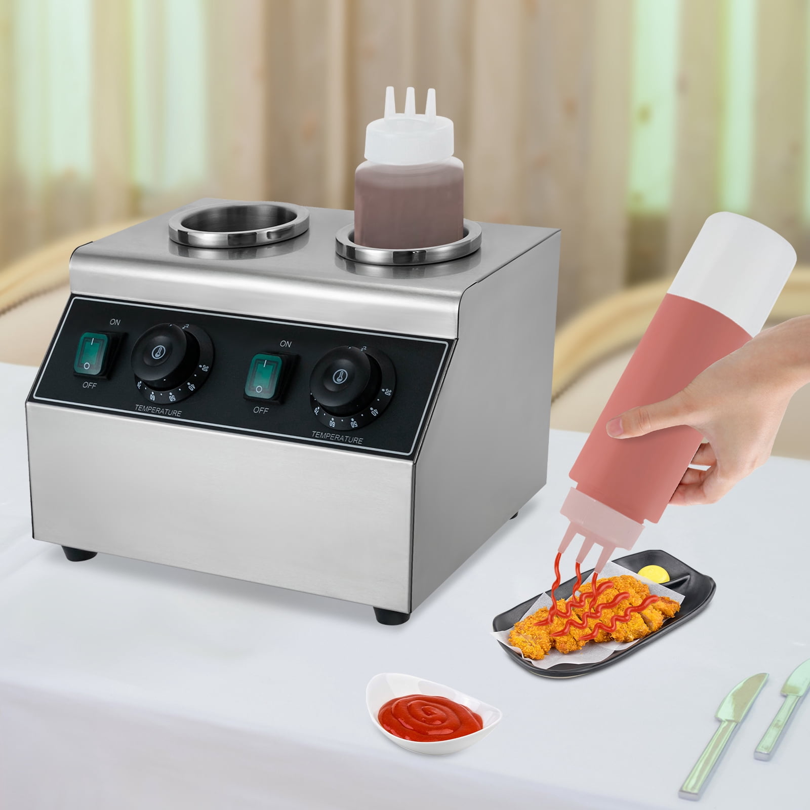 Vintoro 400W 110V Electric Sauce Bottle Warmer, 0.72Qt Hot Chocolate Warmer, Dual-Tank, Free Standing