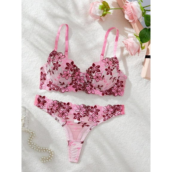 Romantic Bra and Panty Set Pink Floral Embroidered Intimates