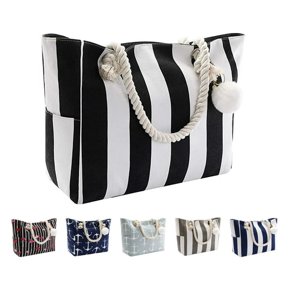 Extra Large Beach Bags Totes Women Waterproof Sandproof Big Tote Bag Zipper Inner Pockets Rope Handle Canvas with Zip Closure Swim Pool Gym Picnic Travel Weekend Accessorie Striped Black Handbag Gifts