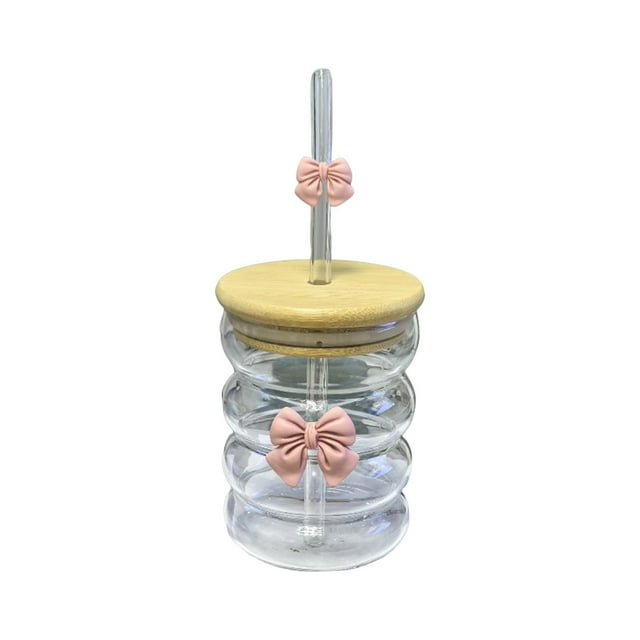 Cute Bow Glass Cup for Ladies. Borosilicate Glass, Retro Ribbed, for Iced Coffee, Easy to Clean