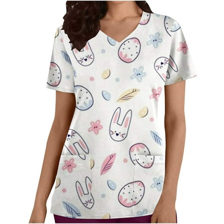 

Ecqkame Women Easter Plus Size Scrub Tops Easter Eggs Bunny Rabbit Printed Working Uniform Blouse T-shirt Casual Short Sleeve V-neck Blouse Tops With Pocket White M on Clearance