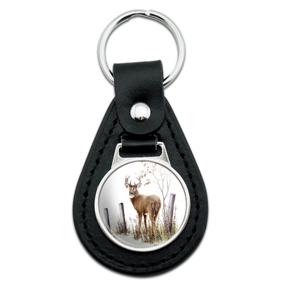 Deer Buck at the Fence Black Leather Keychain