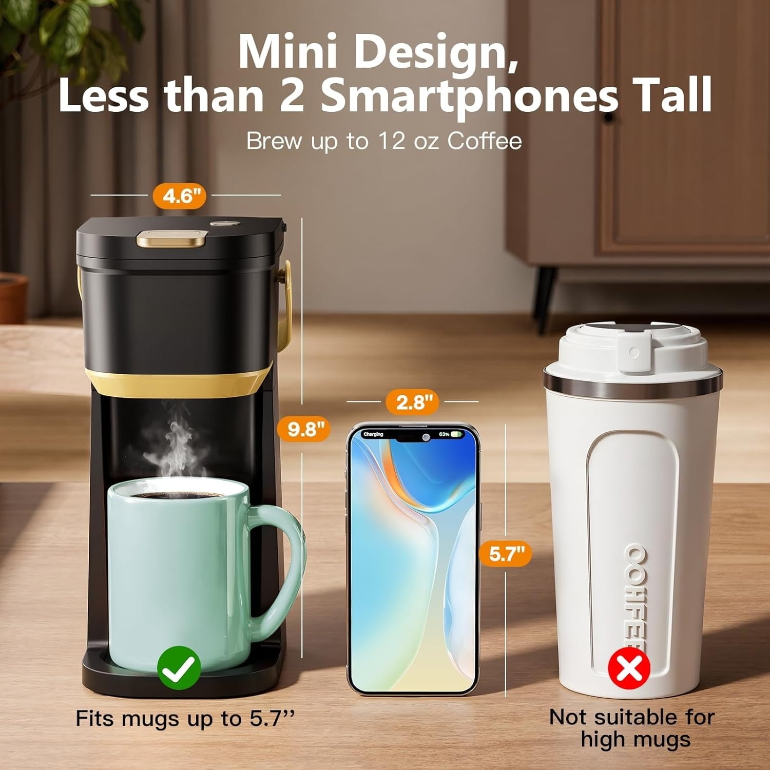 Single Serve One Cup Coffee Maker, for K Cups and Grounds, Mini Coffee Maker with Portable Handle, 6 to 12 Oz Brew Size, for Travel, Camping, Office