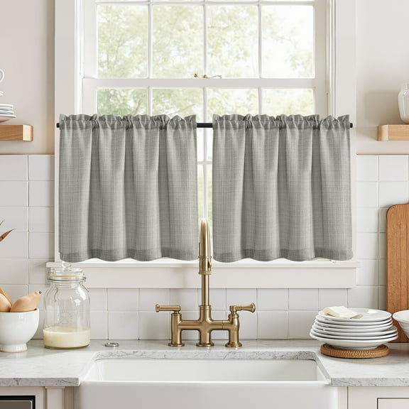 Curtainking Light Grey Kitchen Curtains 24 inch Linen Textured Cafe Curtains for Bathroom Farmhouse Light Filtering Tier Curtains Rod Pocket 2 Panels