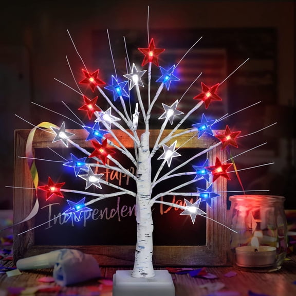 24 LED Patriotic Birch Tree Lights - Red White Blue Star Decor for Tabletop, 4th of July,USADecorations, Battery Operated with Timer, Home Desk