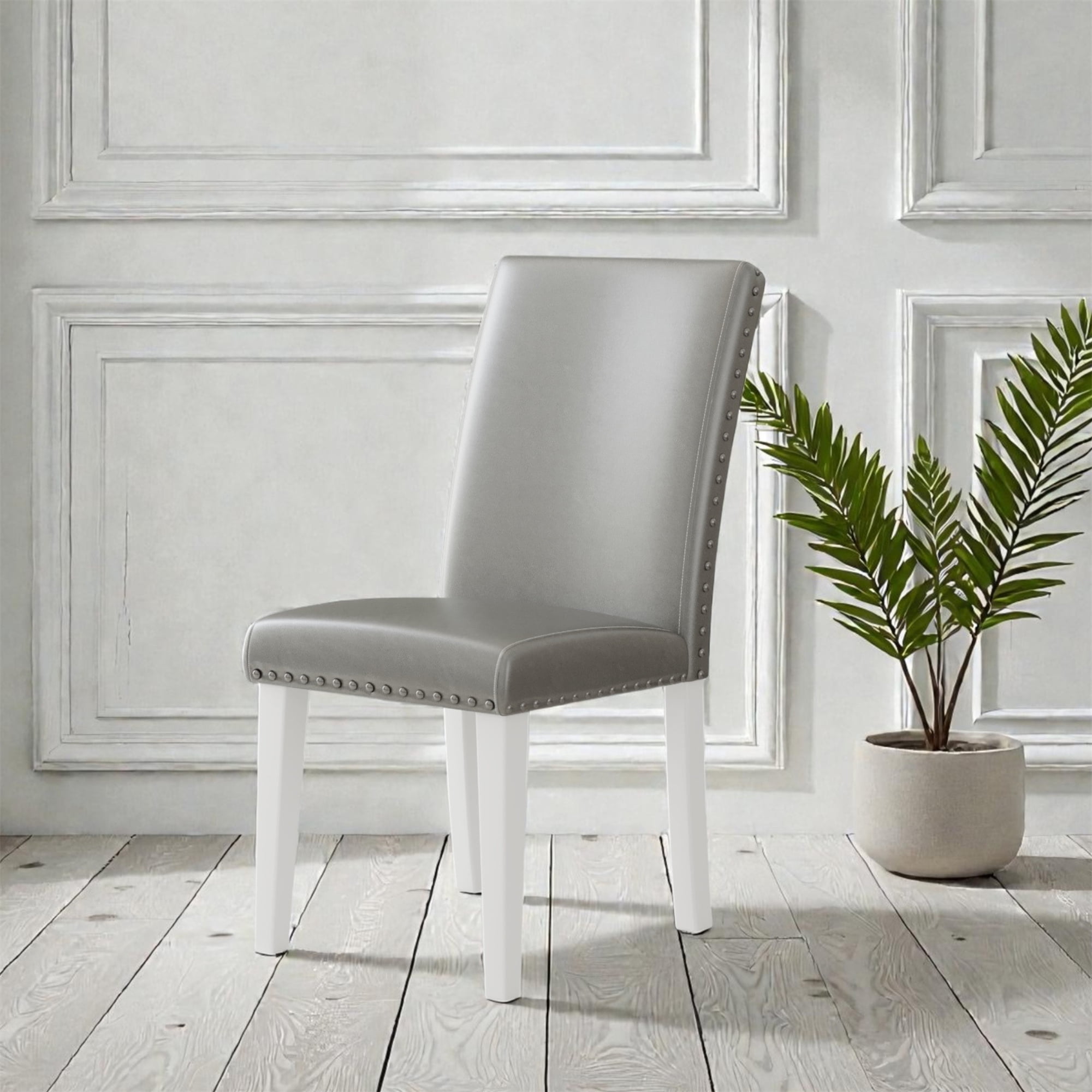 Faux Leather Fabric Dining Chairs with Nailhead Trim, Set of 2
