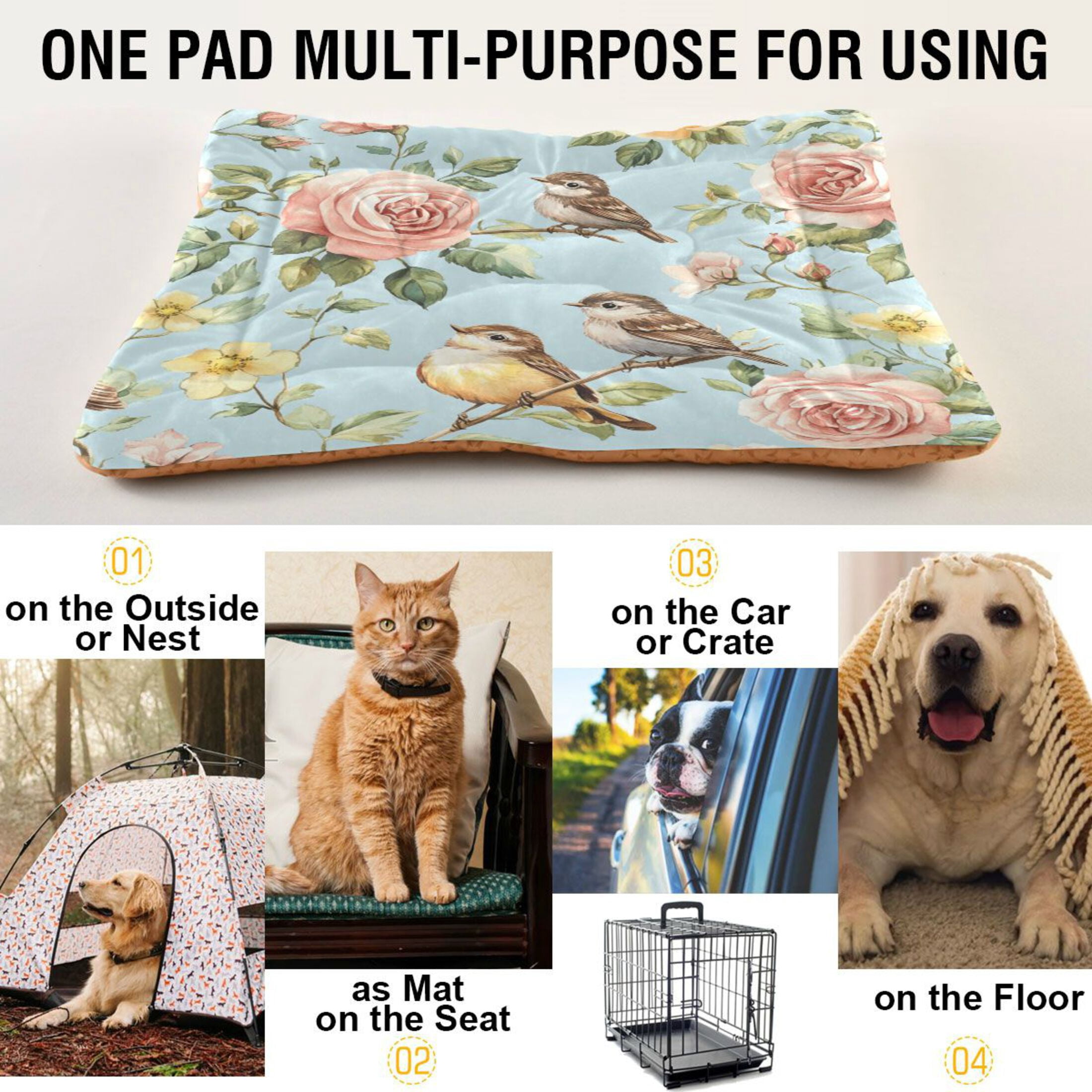 Qxltty Rose Sparrow Drawing Ped Pad Wear-resistant and Hard to Bite Through Sleeping Pad for Small Medium Large Dogs Winter Pet Bed 36×24in