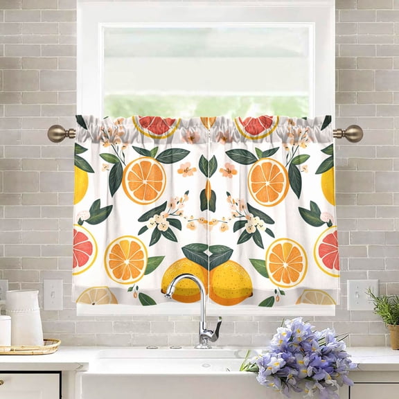 Yayeee Kitchen Curtains Tier Pair Light Filtering 27"x36" Rod Pocket Short Cafe Window Panel, Orange Slices
