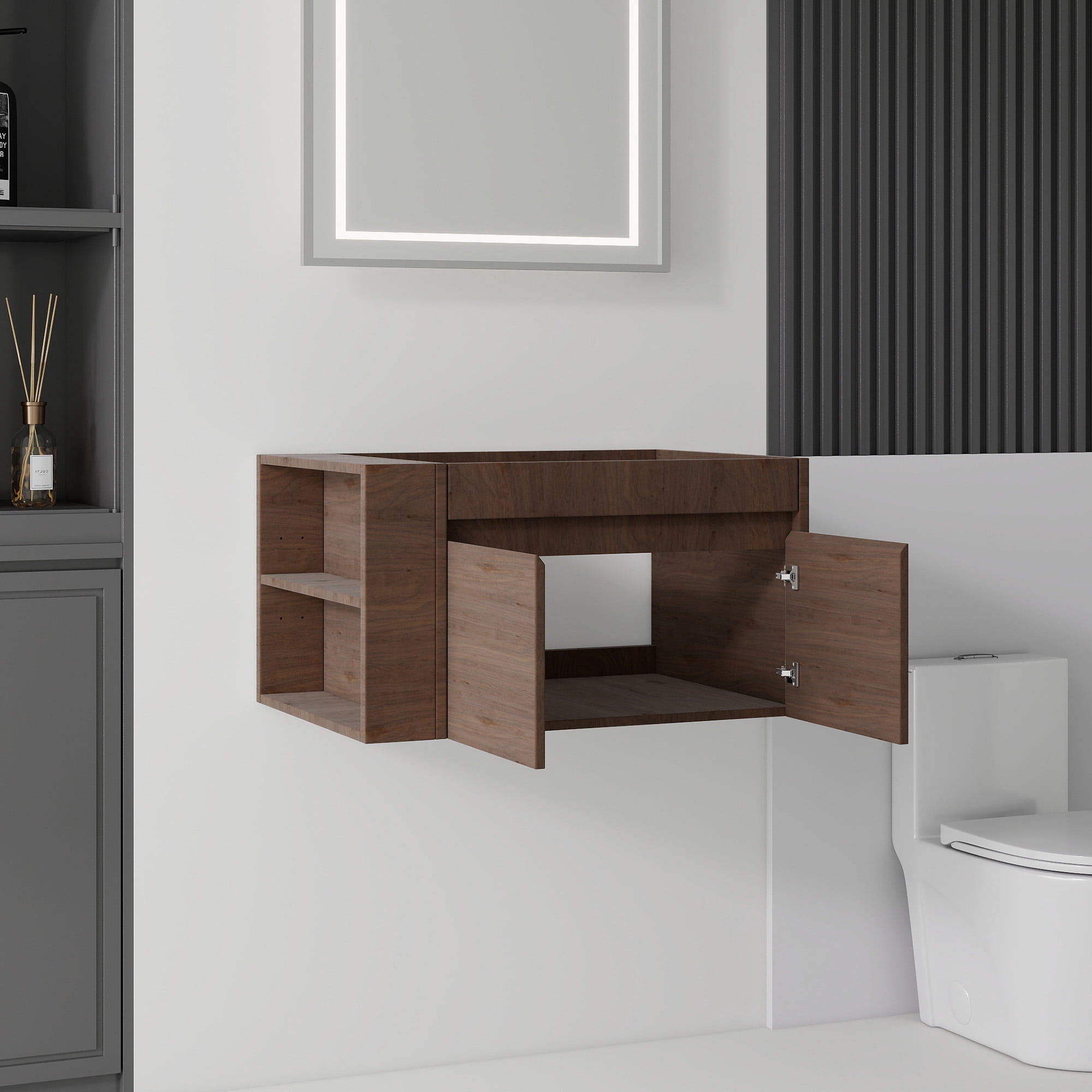 Leumius 30" Floating Bathroom Vanity Cabinet with Open Side Storage Compartment,Soft-Close Double Doors,Wall Mounted Bathroom Cabinet for Small Space,Cabinet Only,Brown