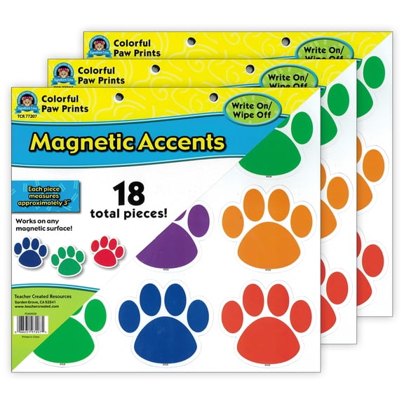 Teacher Created Resources Colorful Paw Prints Magnetic Accents, 18 Per Packs, 3 Packs