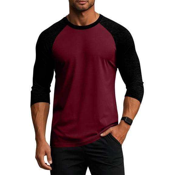 Havenx Men's Baseball Shirt Raglan 3/4 Long Sleeve Crew Neck Shirt Color Block Moisture Wicking Tee Shirt Athletic Gym Workout Lightweight Vintage Tee Top,Wine 2XL