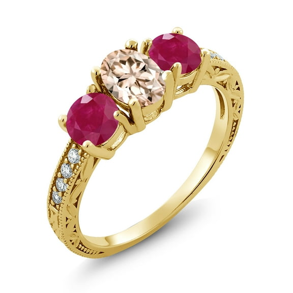 Gem Stone King 1.87 Ct Oval Peach Morganite Red Ruby 18K Yellow Gold Plated Silver Moissanite Ring (Size 6)
