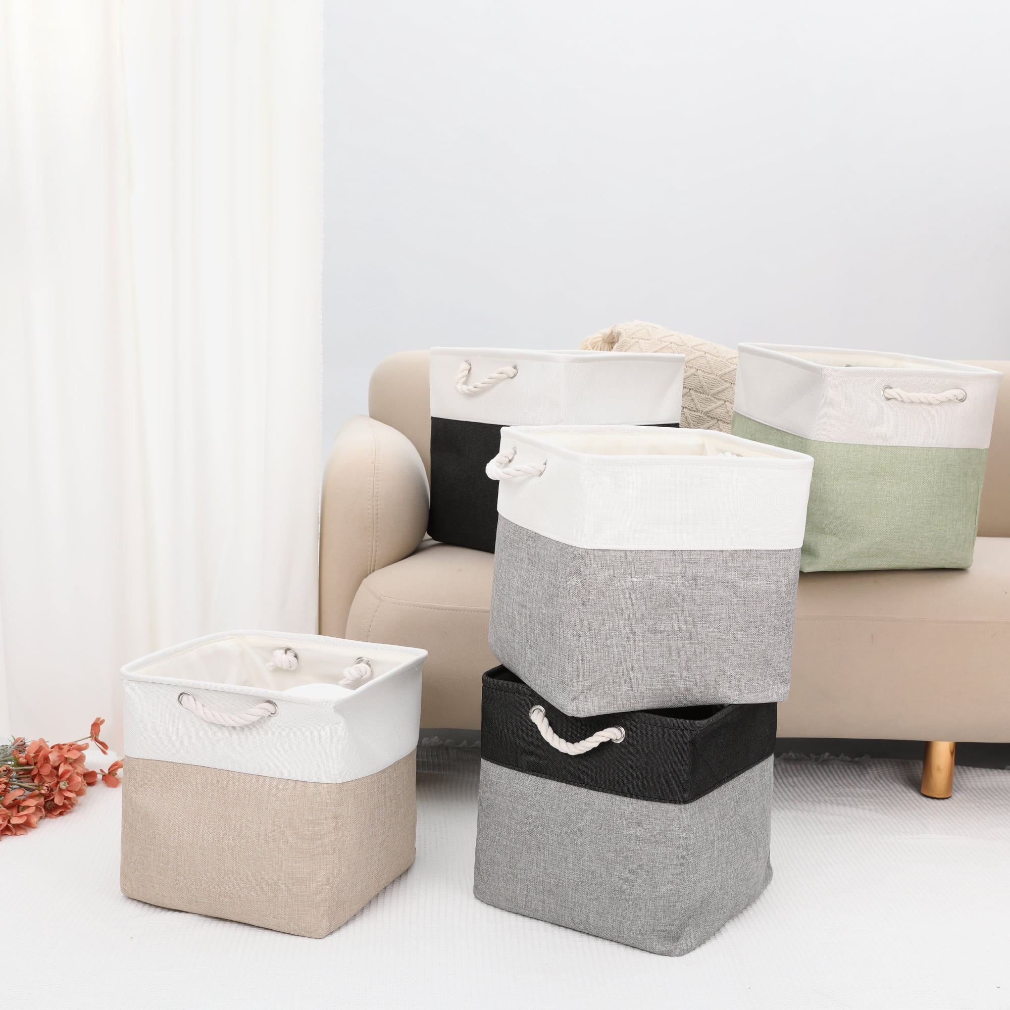 Unique Bargains Square Fabric Storage Basket Bin Beige/Blue 13inch