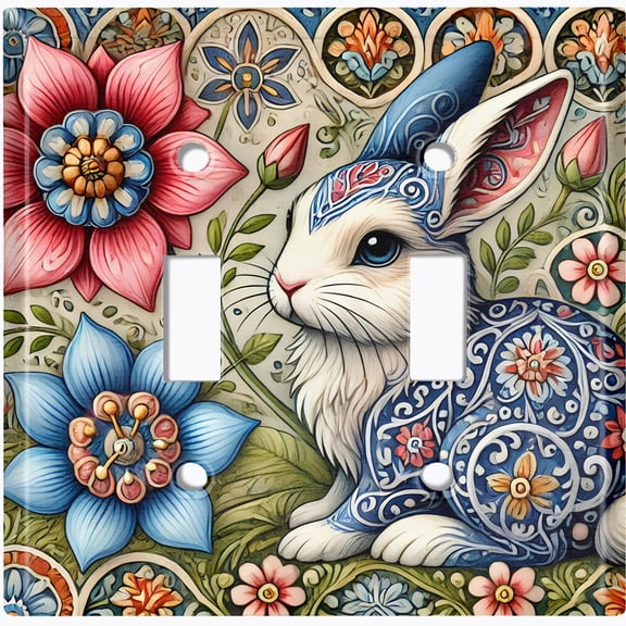 Metal Light Switch Wall Plate Outlet Cover (Printed Image of Bunny with Flowers - Double Toggle)